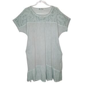 Bai Li Pastel Green Eyelet Embroidered Oversize Dress Womens L/XL Lagenlook Boho